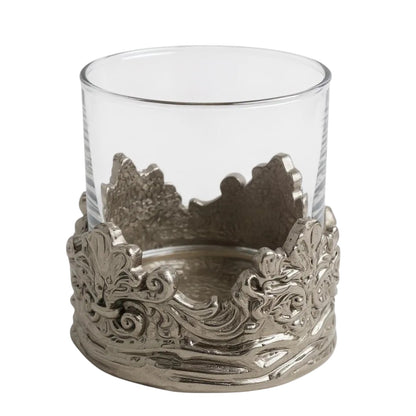 Set of 4 - Intricate Baroque-style Crown Detail Whisky Glasses | Juice Glasses | Statement Barware | Gold, Silver or Antique Finish