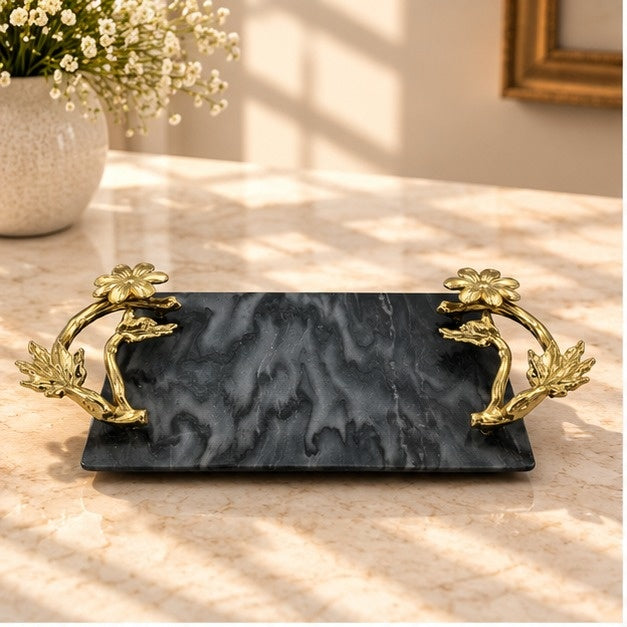 Black Marble Tray with Gilded Floral Handles