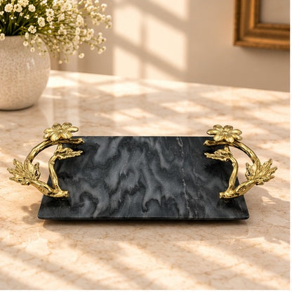 Black Marble Tray with Gilded Floral Handles