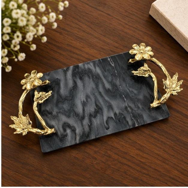 Black Marble Tray with Gilded Floral Handles