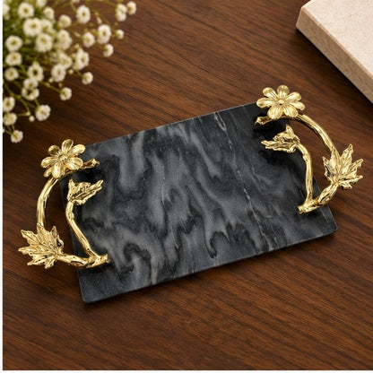 Black Marble Tray with Gilded Floral Handles