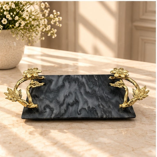 Black Marble Tray with Gilded Floral Handles