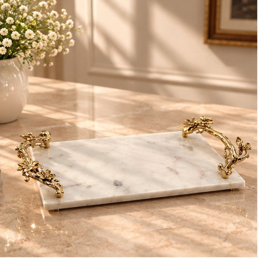 White Marble Tray with Gilded Floral Handles