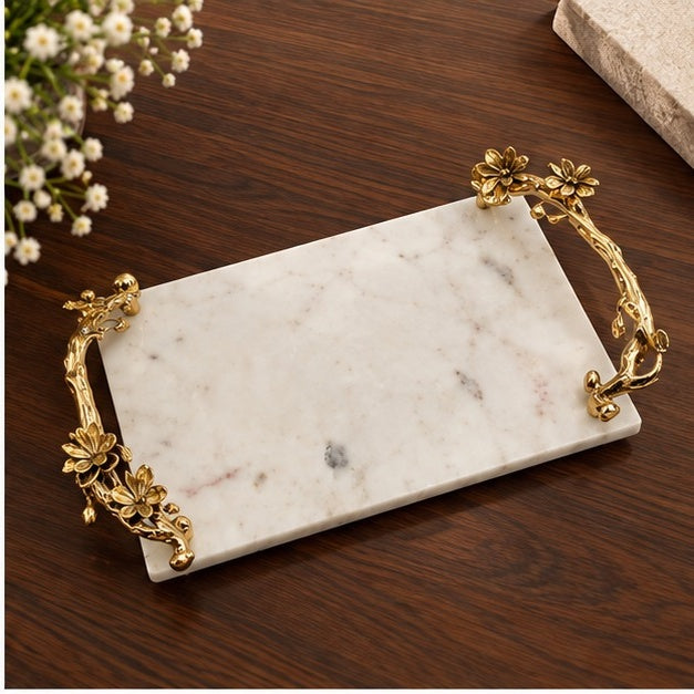 White Marble Tray with Gilded Floral Handles