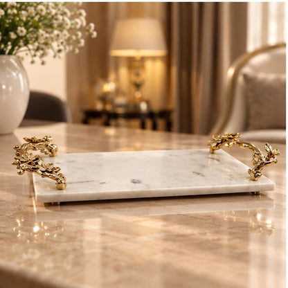 White Marble Tray with Gilded Floral Handles