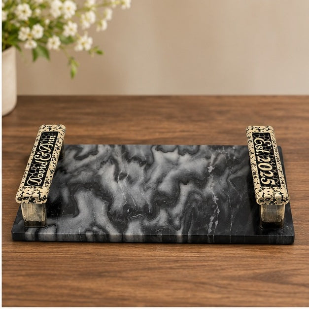 Personalized Black Marble Serving Tray – Antique Brass Handles