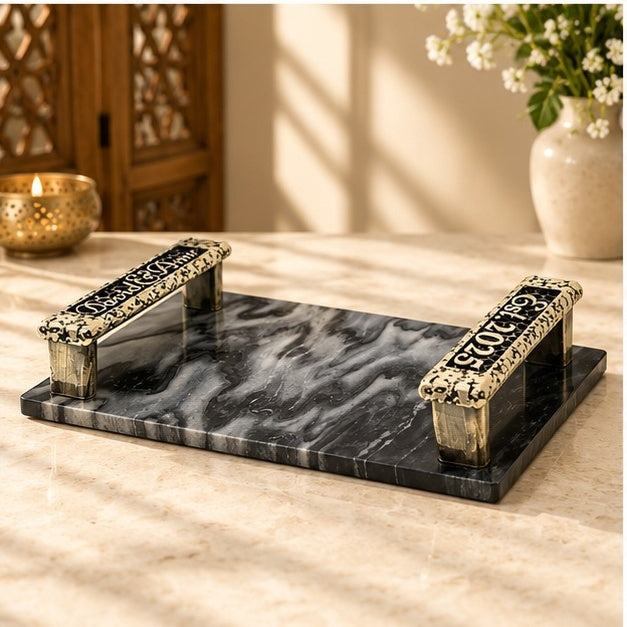 Personalized Black Marble Serving Tray – Antique Brass Handles