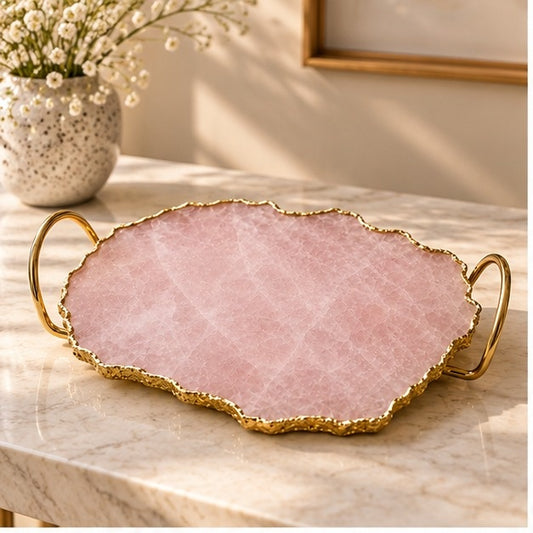 Rose Quartz Agate Serving Tray With Brass Loop Handles