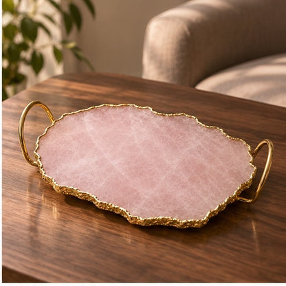 Rose Quartz Agate Serving Tray With Brass Loop Handles