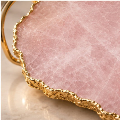 Rose Quartz Agate Serving Tray With Brass Loop Handles