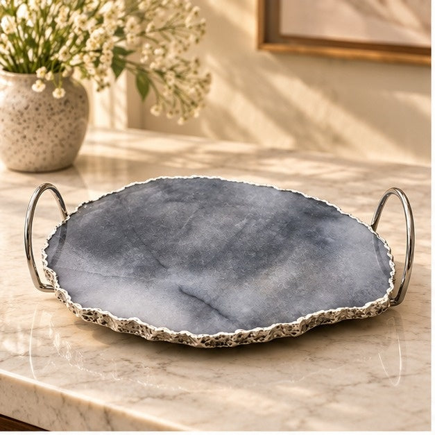 Gray Agate Quartz Serving Tray With Silver Finish Loop Handles