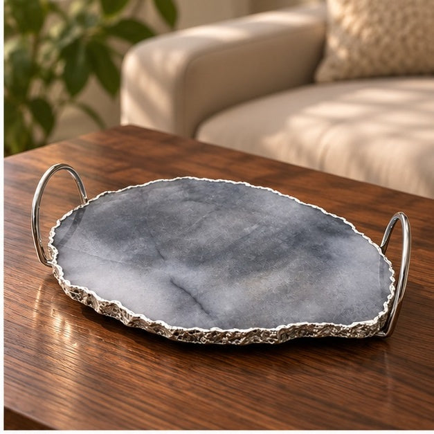 Gray Agate Quartz Serving Tray With Silver Finish Loop Handles