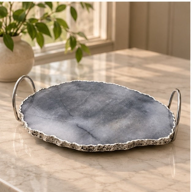 Gray Agate Quartz Serving Tray With Silver Finish Loop Handles
