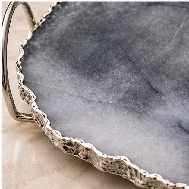 Gray Agate Quartz Serving Tray With Silver Finish Loop Handles