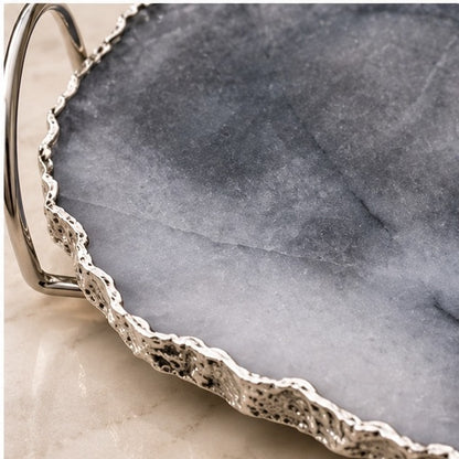 Gray Agate Quartz Serving Tray With Silver Finish Loop Handles