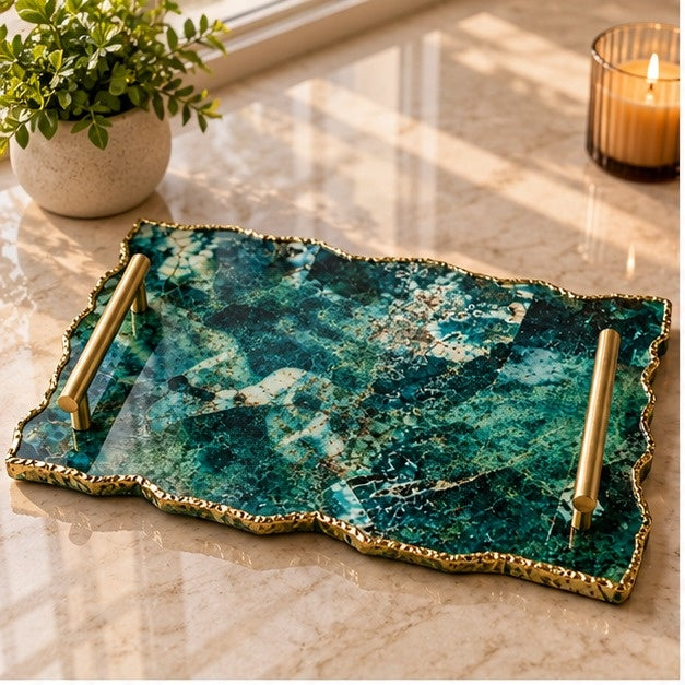 Large Composite Green Agate Serving Tray With Plain Modern Brass Handles 10"x15"