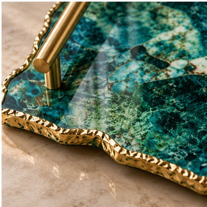 Large Composite Green Agate Serving Tray With Plain Modern Brass Handles 10"x15"