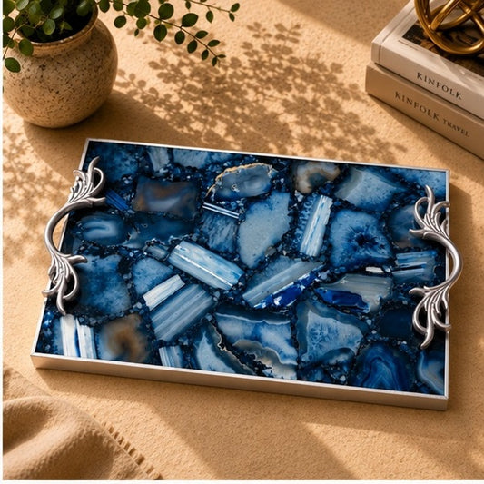 Blue Agate Serving Tray with Brass Handles