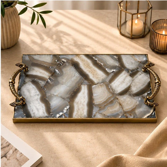 Wild Agate Serving Tray with Brass Handles