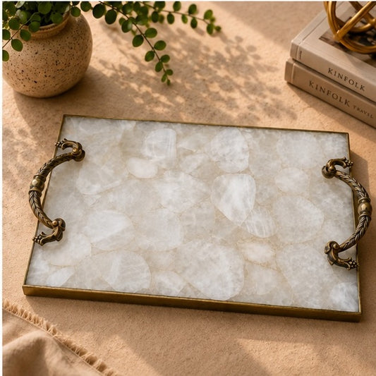 White Agate Serving Tray with Brass Handles