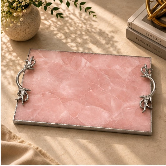 Rose Quartz Serving Tray with Brass Handles