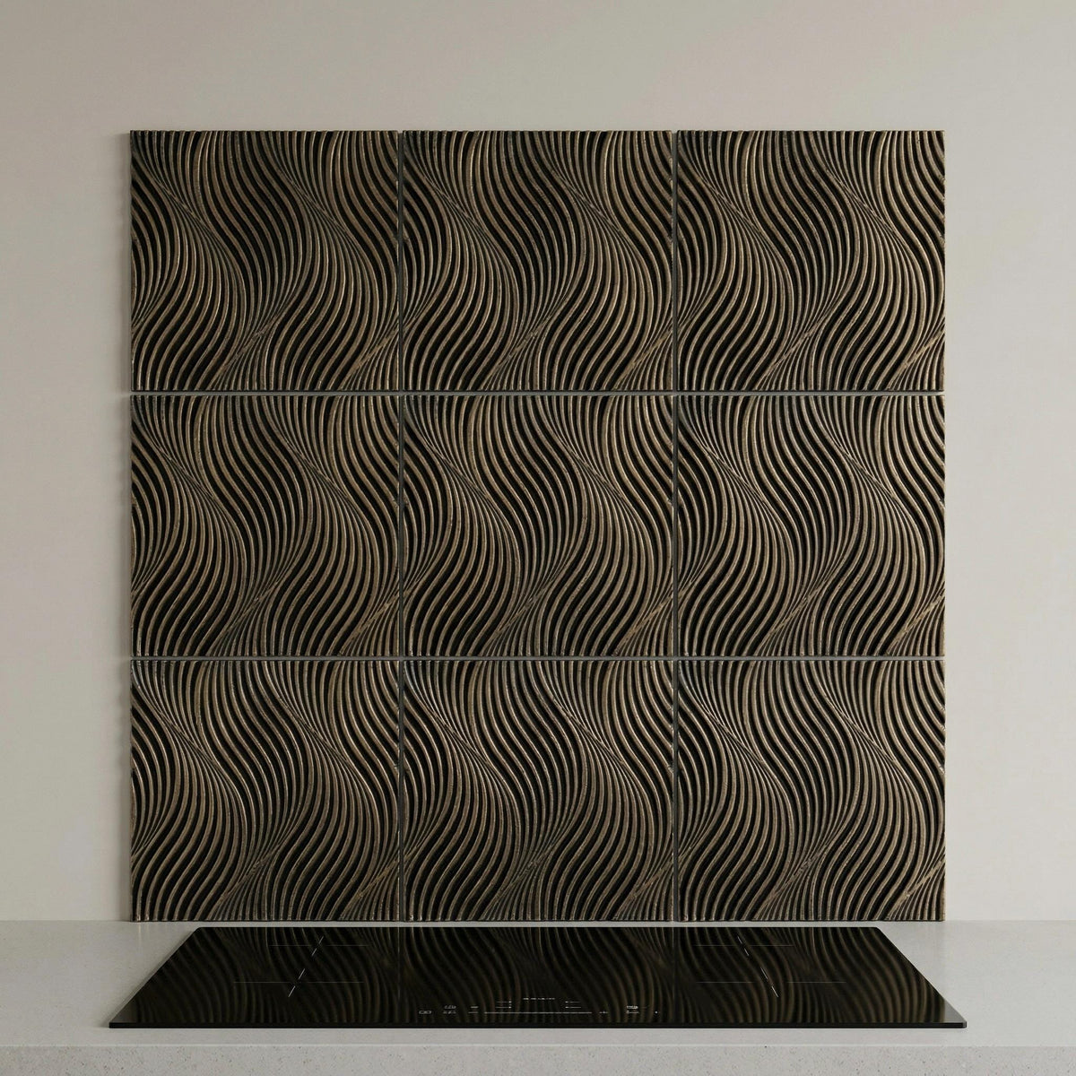 Geometric dune tiles covering the wall above a kitchen counter