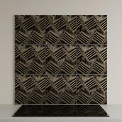 Geometric dune tiles covering the wall above a kitchen counter