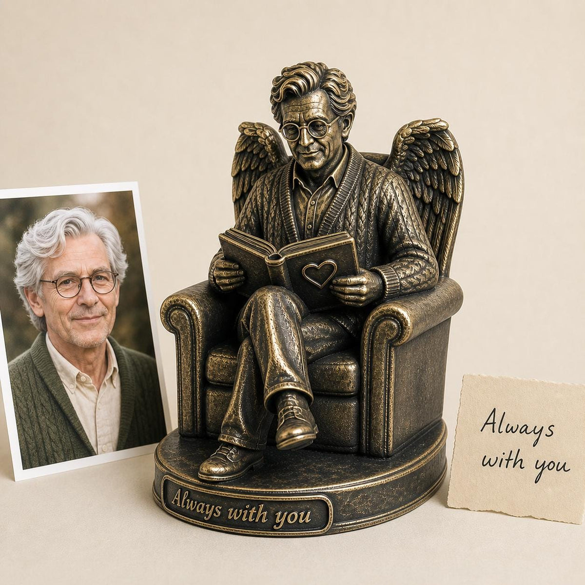 Personalised Reader Memorial Figurine from Photo, Antique Brass Angel Statue, Book Lover Remembrance Gift