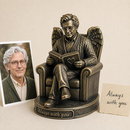 Personalised Reader Memorial Figurine from Photo, Antique Brass Angel Statue, Book Lover Remembrance Gift