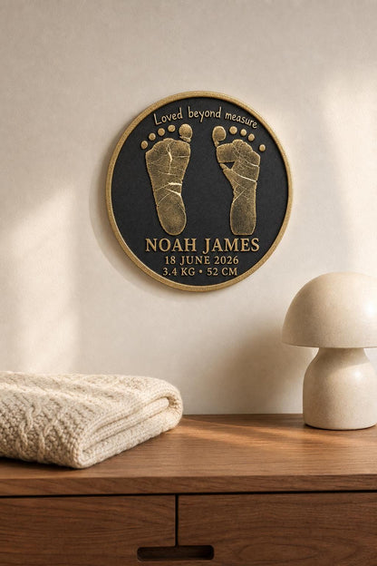 Personalised Newborn Footprint Plaque, Custom Baby Birth Record, Antique Brass Baby Keepsake