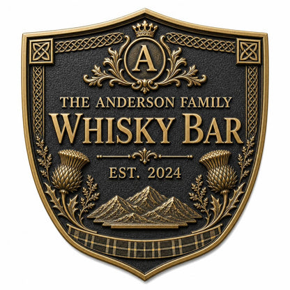 Personalised Home Bar Sign | Antique Brass Whisky Plaque | Custom Family Bar Gift