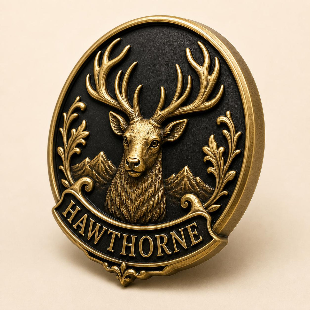 Design Your Own Round Stag Crest Plaque | Custom Surname Banner | Antique Brass Wall Sign