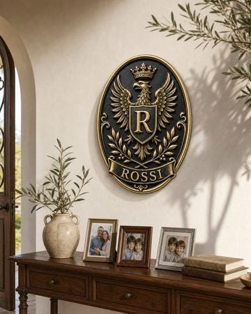 Design Your Own Oval Crest Plaque | Crowned Eagle & Name Banner | Antique Brass Wall Sign
