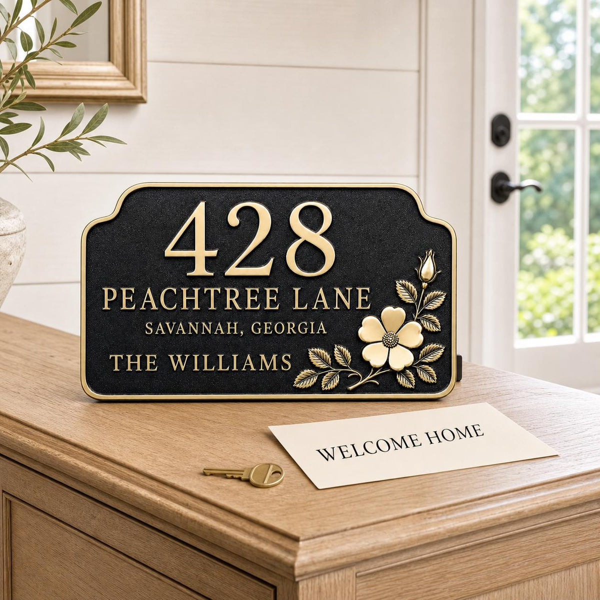 Floral Metal House Number Sign | Custom Brass Family Name Street Sign