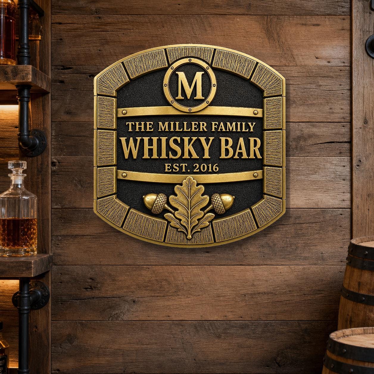 Personalised Oak Barrel Whisky Bar Plaque | Custom Family Home Bar Sign | Handcrafted Antique Brass Wall Decor
