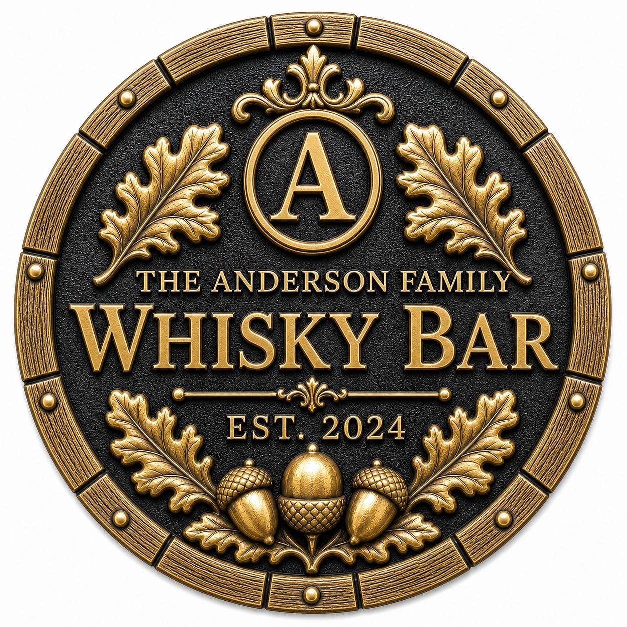 Personalised Oak Barrel Whisky Bar Plaque | Custom Family Home Bar Sign | Handcrafted Antique Brass Wall Decor