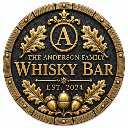Personalised Oak Barrel Whisky Bar Plaque | Custom Family Home Bar Sign | Handcrafted Antique Brass Wall Decor