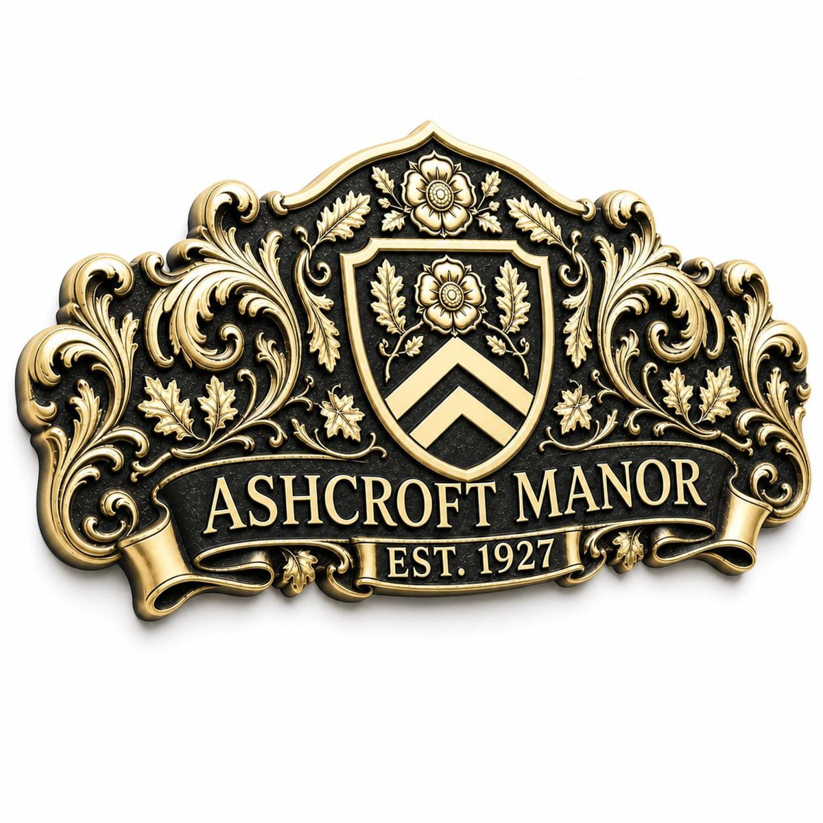 Angled view of the wide Ashcroft Manor plaque showing the depth of its raised scrolls