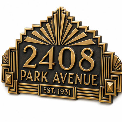 Personalized Antique Brass House Number Plaque | Custom Address Sign | Art Deco Design