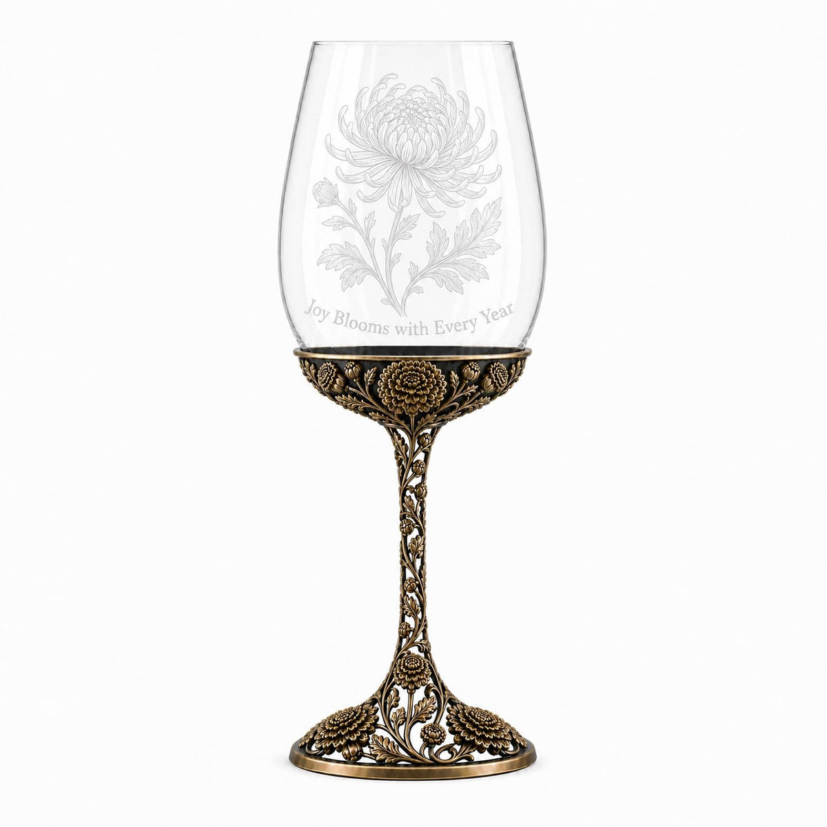 November Chrysanthemum Wine Glass, Personalised Birth Flower, Openwork Brass Stem, Custom Etched Gift