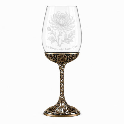 November Chrysanthemum Wine Glass, Personalised Birth Flower, Openwork Brass Stem, Custom Etched Gift