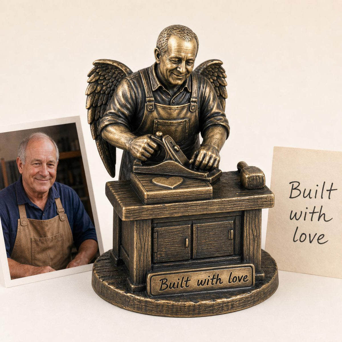 Personalised Woodworker Memorial Figurine from Photo, Antique Brass Angel Statue