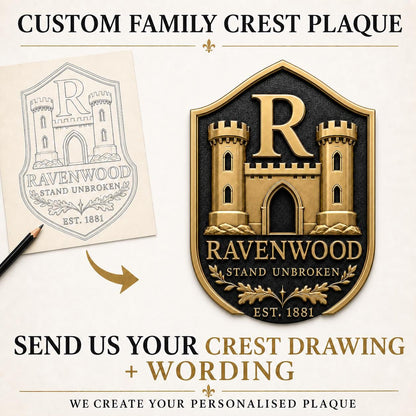 Design Your Own Family Sigil Plaque | Custom Crest, Coat of Arms, Surname & Motto | Antique Brass Sign