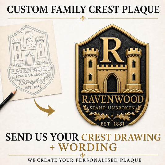 Design Your Own Family Sigil Plaque | Custom Crest, Coat of Arms, Surname & Motto | Antique Brass Sign