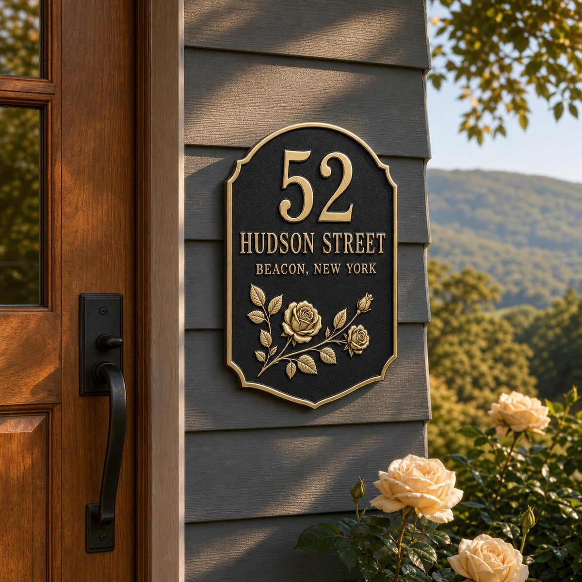 Personalised Rose Address Plaque | Custom Metal House Number | Antique Brass Wall Plate