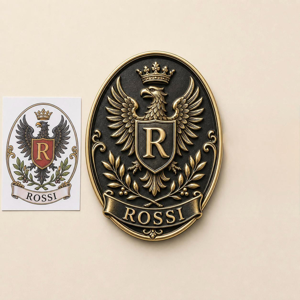Design Your Own Oval Crest Plaque | Crowned Eagle & Name Banner | Antique Brass Wall Sign