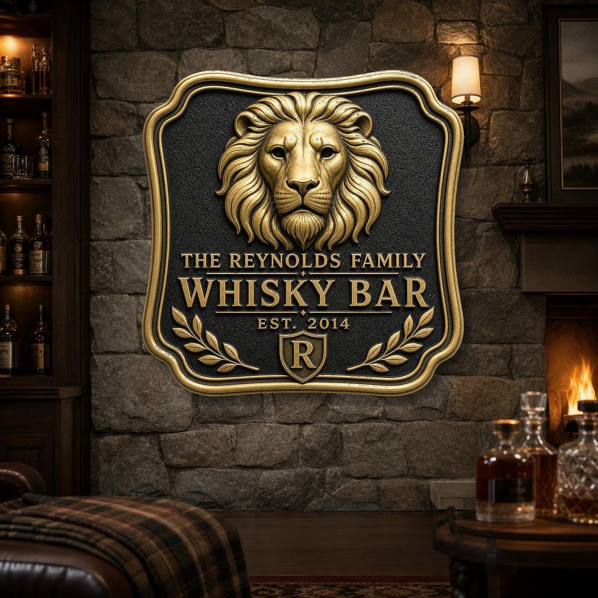 Personalised Lion Whisky Bar Sign | Antique Brass Family Bar Plaque | Custom Wall Decor