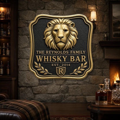 Personalised Lion Whisky Bar Sign | Antique Brass Family Bar Plaque | Custom Wall Decor