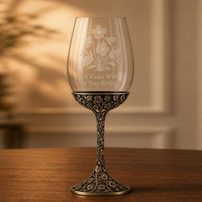 Personalised Birth Flower Wine Glass, Openwork Brass Daffodil Stem