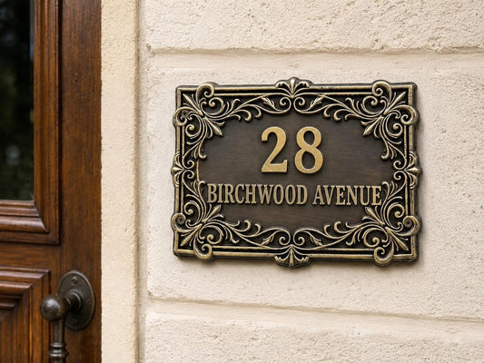 Custom Victorian House Number Sign, Ornate Antique Brass Address Plaque, Personalized Front Door Number